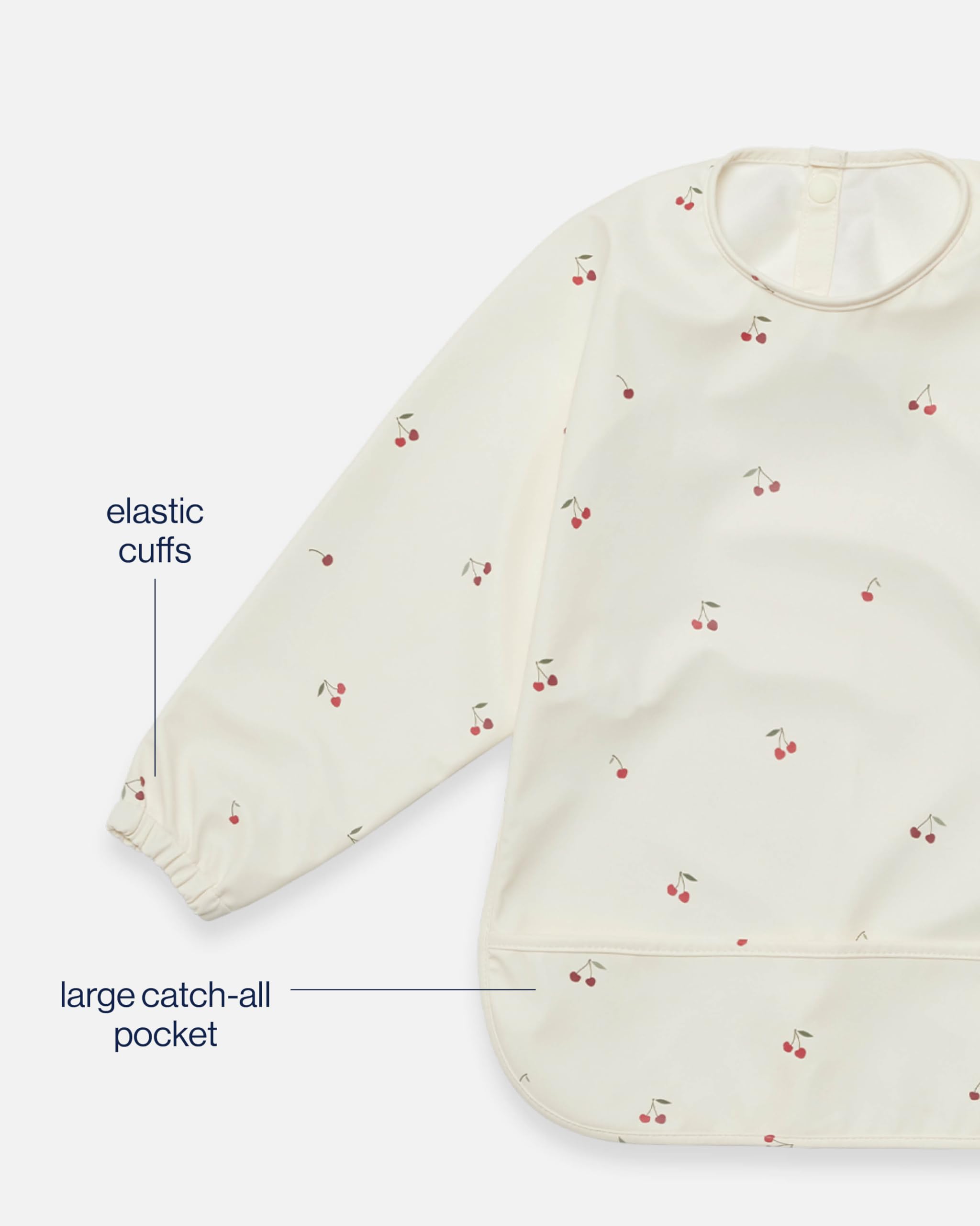 Lalo Smock Bib - Long Sleeve Bib for Infants and Toddlers - Elastic Cuffs, Large Catch-All Pocket, Waterproof Recycled Polyester - Easy to Clean for Mealtime and Art Time - Cherry Infant