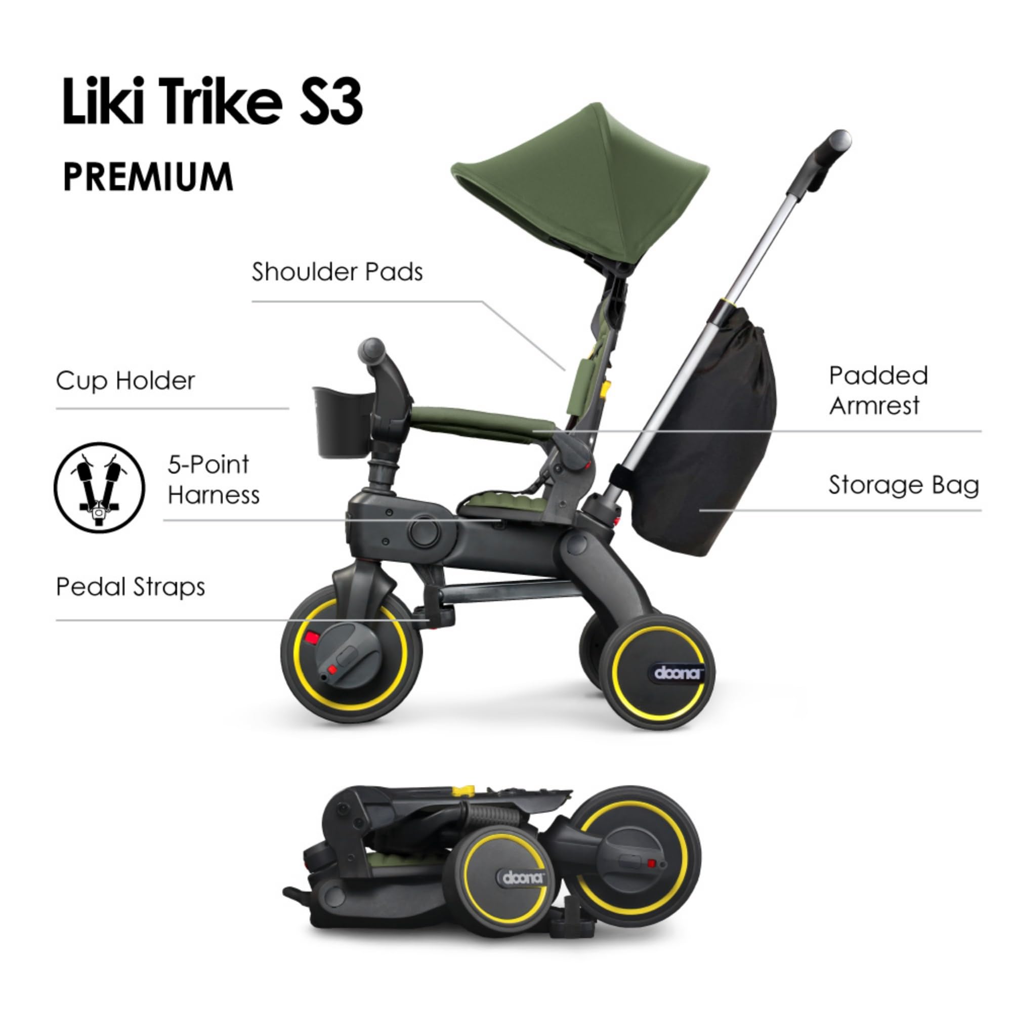 Doona Liki Trike S3, Desert Green - 5-in-1 Compact, Foldable Tricycle - Suitable for Toddlers 10 to 36 Months