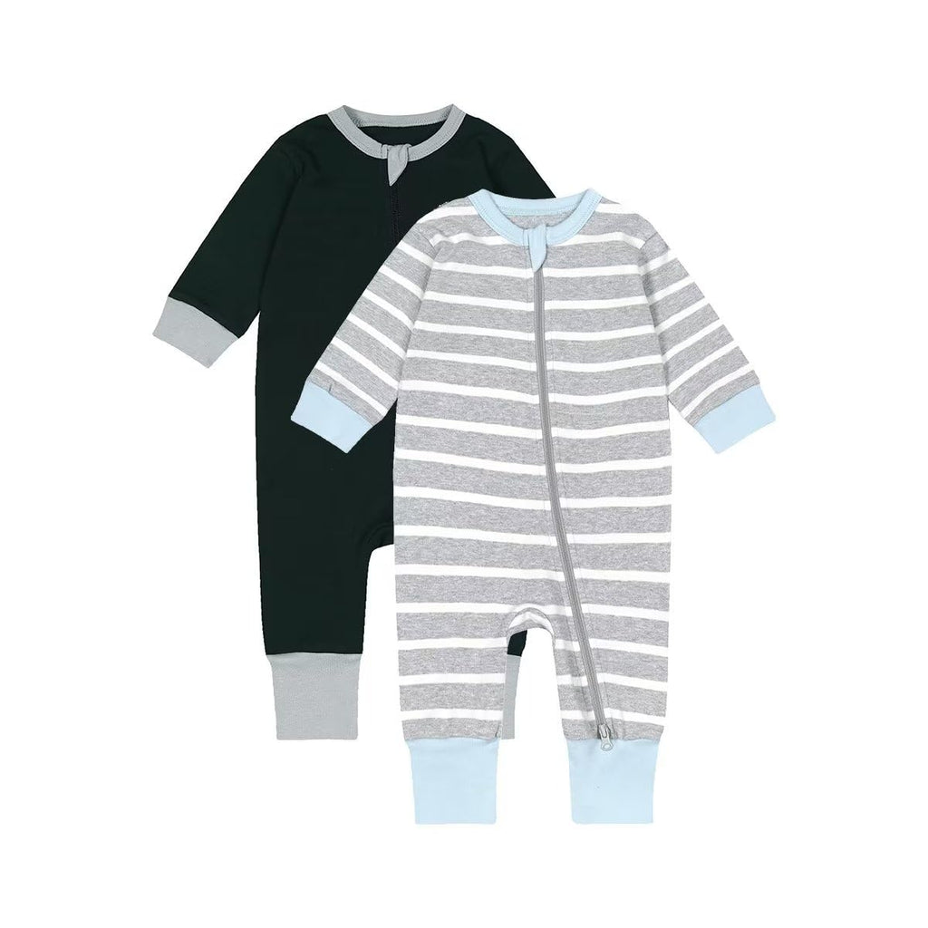 Teach Leanbh Toddler Baby Boys Girls 2-Pack Pajamas Cotton 2 Way Zipper Long Sleeve Footless Romper Sleep and Play (Grey+Black, 6-12 Months)