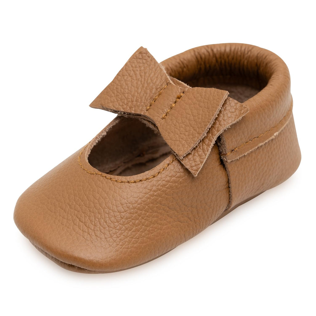BirdRock Baby Bow and Knot Moccasins - Genuine Leather Baby Girl Shoes (Brown Bow, US 6.5)