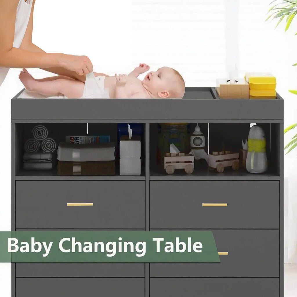 Babevy Changing Table Dresser with Drawers, Baby Dresser with Changing Table Top, Power Outlet, LED Light & Metal Feet, Diaper Changing Station Nursery Organizer for Infants Newborn (Grey)