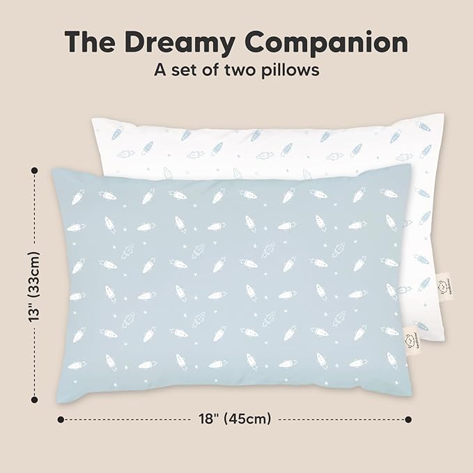 KeaBabies 2-Pack Toddler Pillow 13x18 - Soft Organic Cotton Kids Travel Bed Pillows for Sleeping, School, Nap, Machine Washable, Toddlers 2 to 5, Pillowcase Sold Separately (Spacecrafts)
