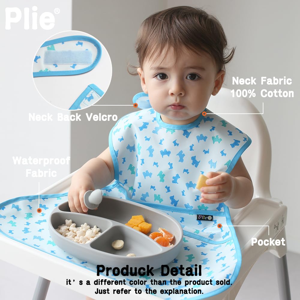 Plie Full Coverage Waterproof Feeding Bib for Toddlers – Extra Long Apron Bib for Mealtime, Self-Feeding, High Chair, Food Catcher, BPA-Free, Easy to Clean - Ivory/Star