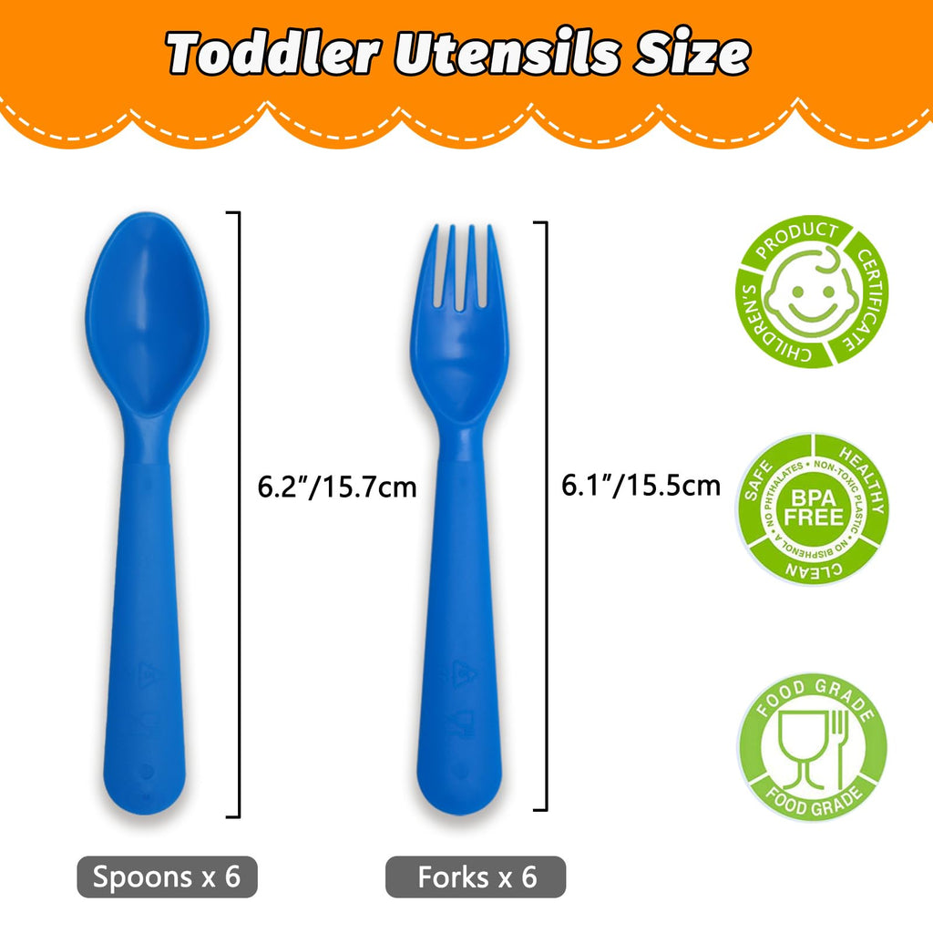 Muulaii 12 Pcs Kids Forks and Spoons, Plastic Kids Utensils Set, Blue