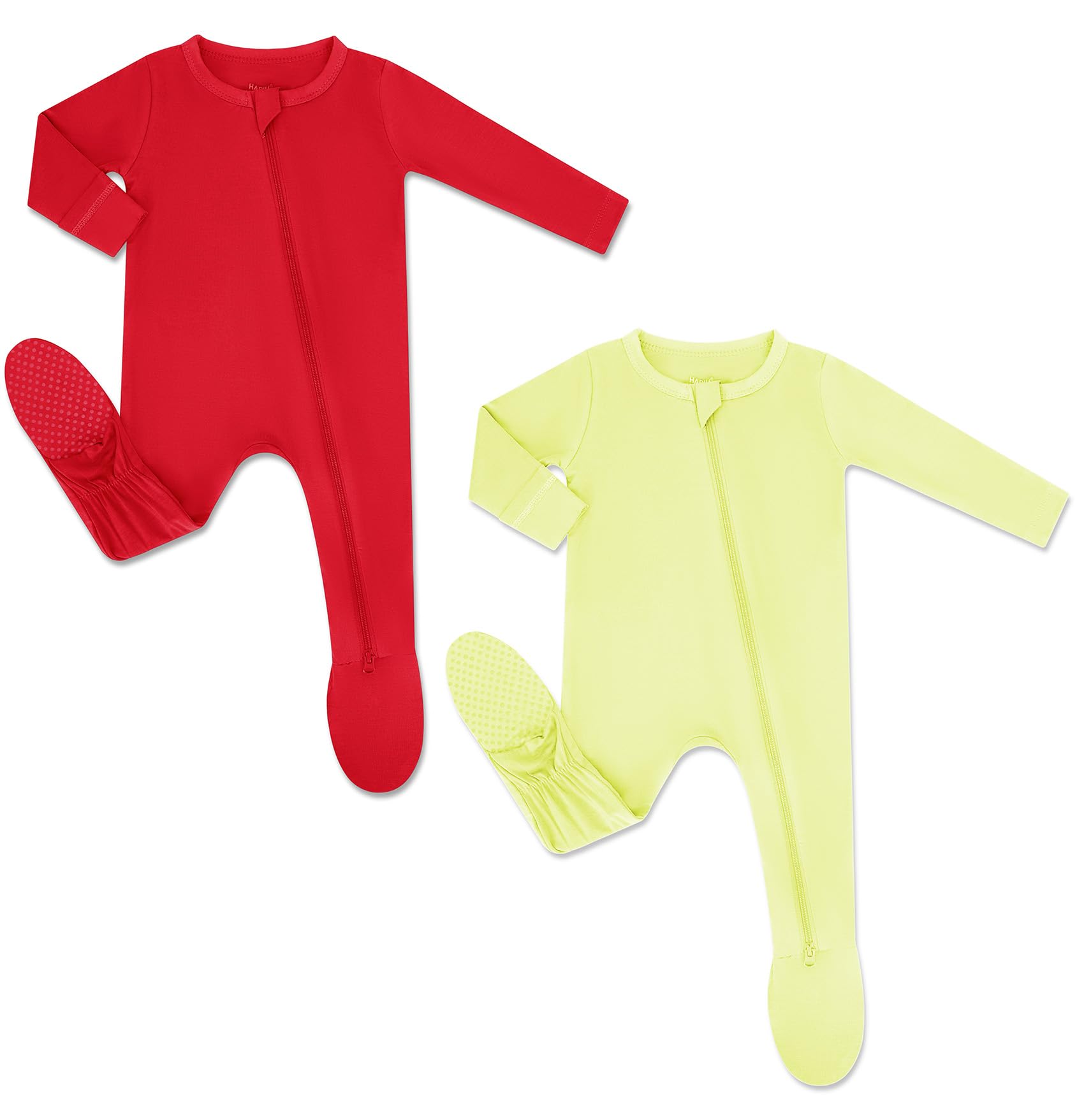 HAPIU Rayon from Bamboo Baby Footed Pajamas, 2 Way Zipper YKK, Footie for Baby Boy Girls, Newborn-24 Months, 2-Pack, Molten Lava & Lemon Grass, 0-3 Months
