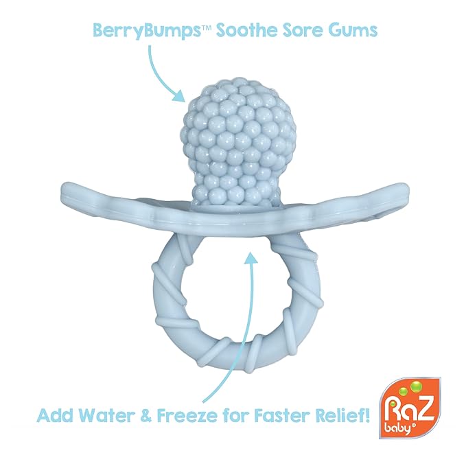 RaZbaby Penguin RaZbuddy w/RaZberry Teething Relief Pacifier – Soothes Sore Gums w/Nature-Inspired Texture, 100% BPA-Free Silicone Teether, Detachable Stuffed Animal – 3 Months+ Teether, Blue