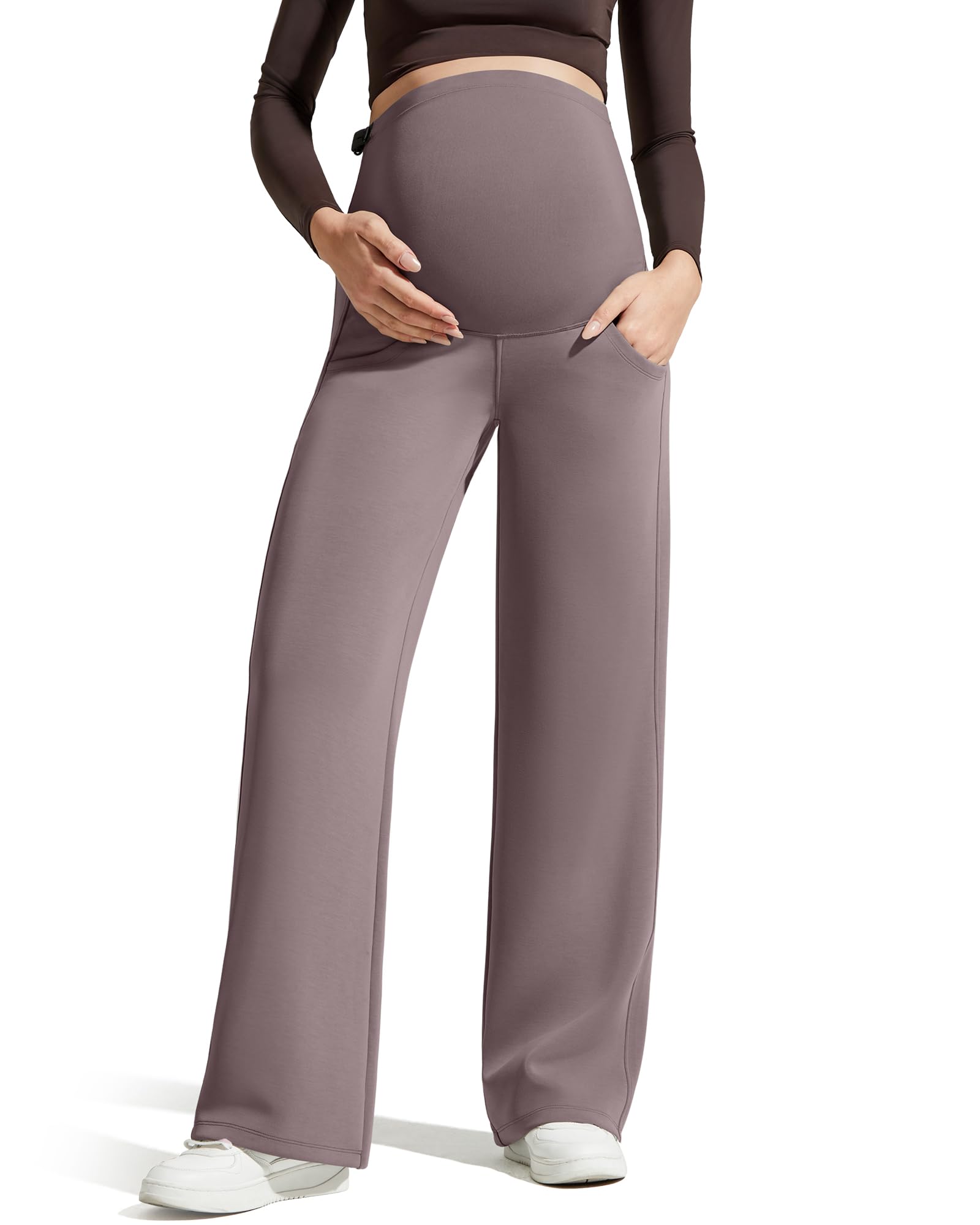 G4Free Maternity Dress Pants with Pockets Casual Lounge Sweatpants Over Bump Pregnancy Trousers Comfy Postpartum Cloth(Taupe,L,Regular)