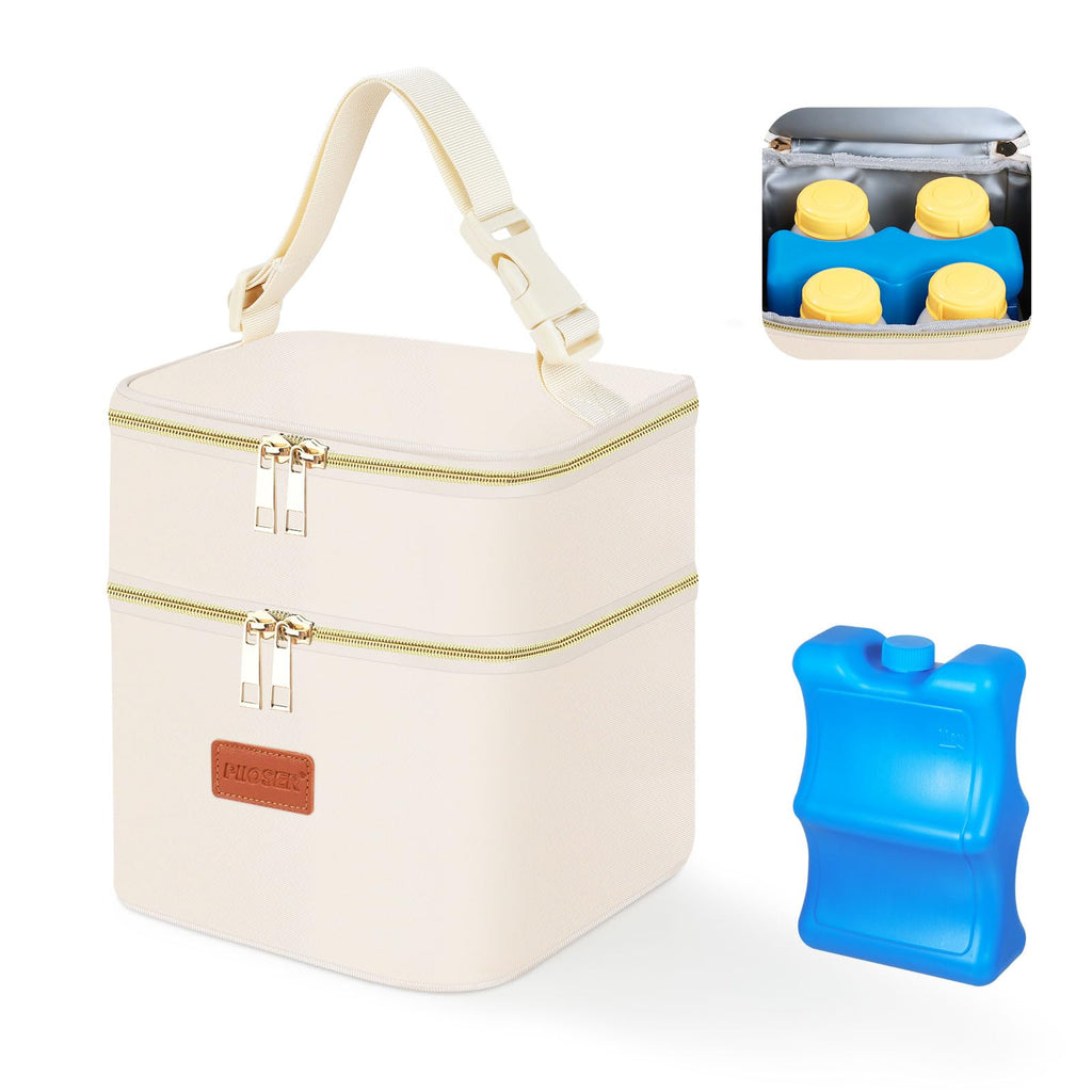 PIIOSER Insulated Baby Cooler Bag with Ice Pack, Fits 4 Baby Bottles Up to 5 Ounce, Portable Breastmilk Cooler Travel Bag with Buckle for Nursing & Working Mom Daycare, Cream