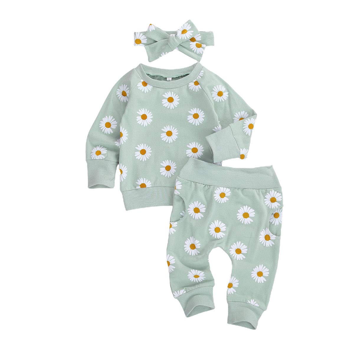 3Pcs Baby Girl Outfits Floral Sweatshirt + Pants + Headband Infant Fall Winter Clothes White 0-6 Months