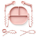 Andy Bear Silicone Plates for Babies with Suction Divided Baby Spoons Silicone Baby Toy Straps All-in-one Plates Silicone Placemat for Babies Toddlers Attachable Tethers & Built-in Suction Cups-Blush