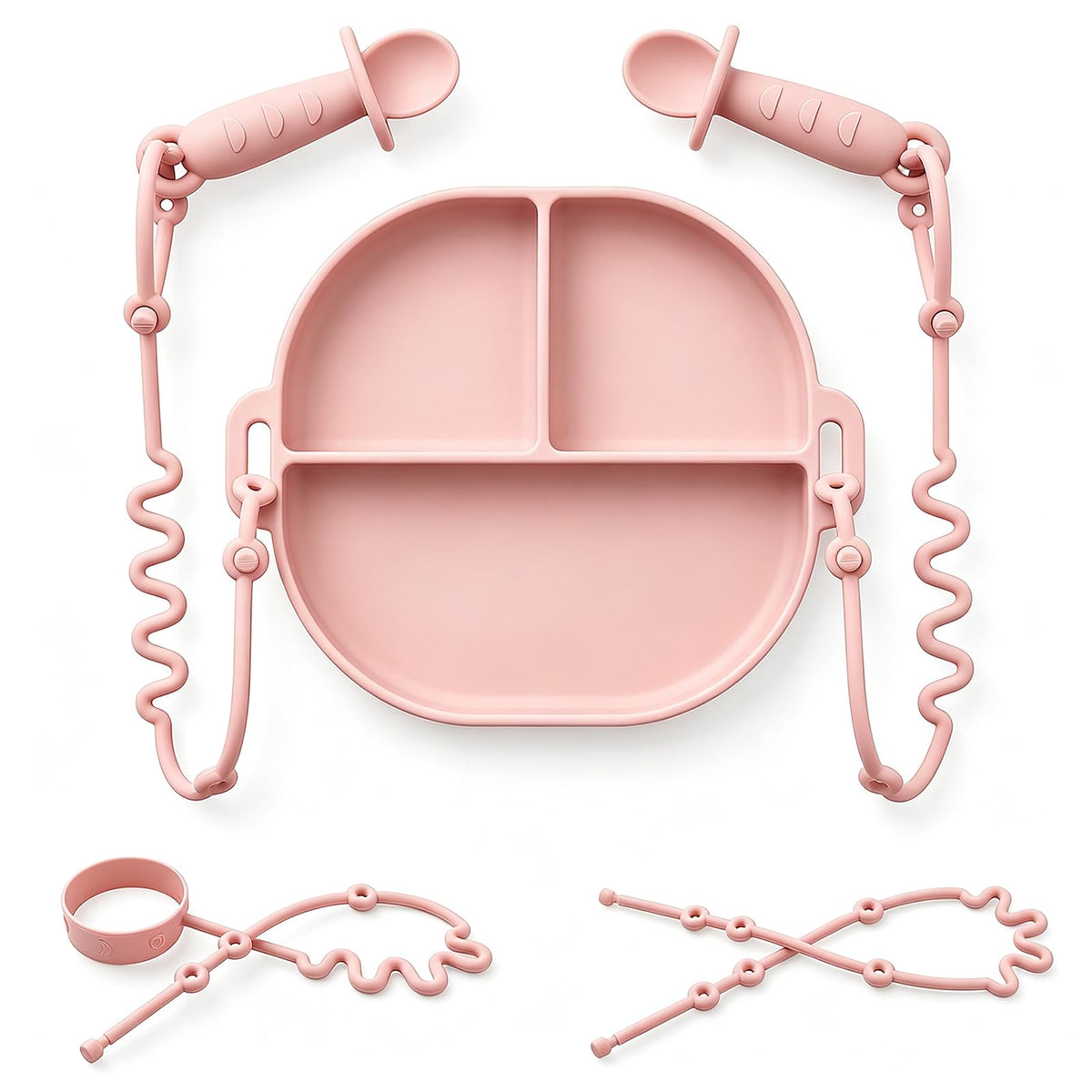 Andy Bear Silicone Plates for Babies with Suction Divided Baby Spoons Silicone Baby Toy Straps All-in-one Plates Silicone Placemat for Babies Toddlers Attachable Tethers & Built-in Suction Cups-Blush