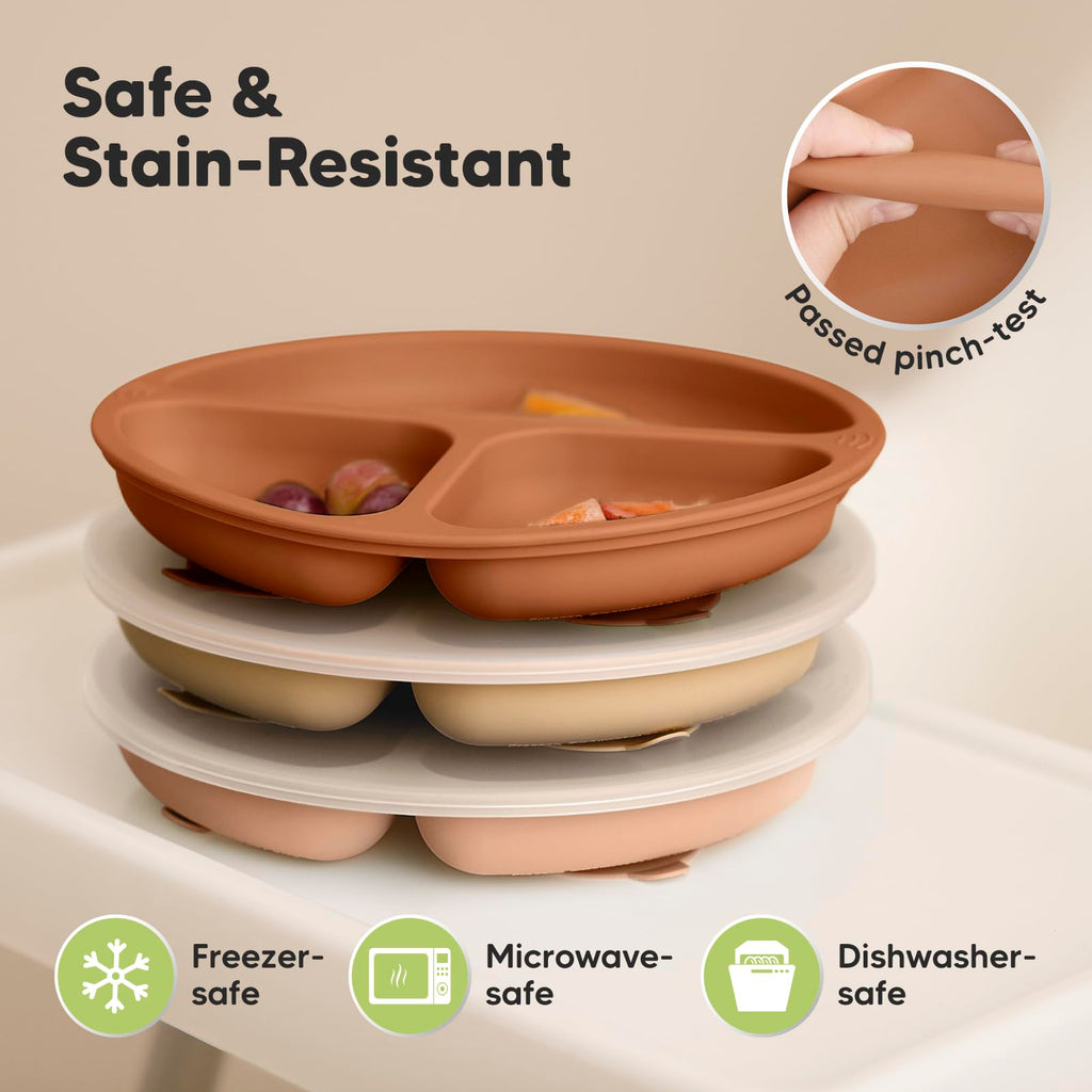 KeaBabies Suction Plates with Lids for Baby, 3pk 100% Silicone (Terracotta)