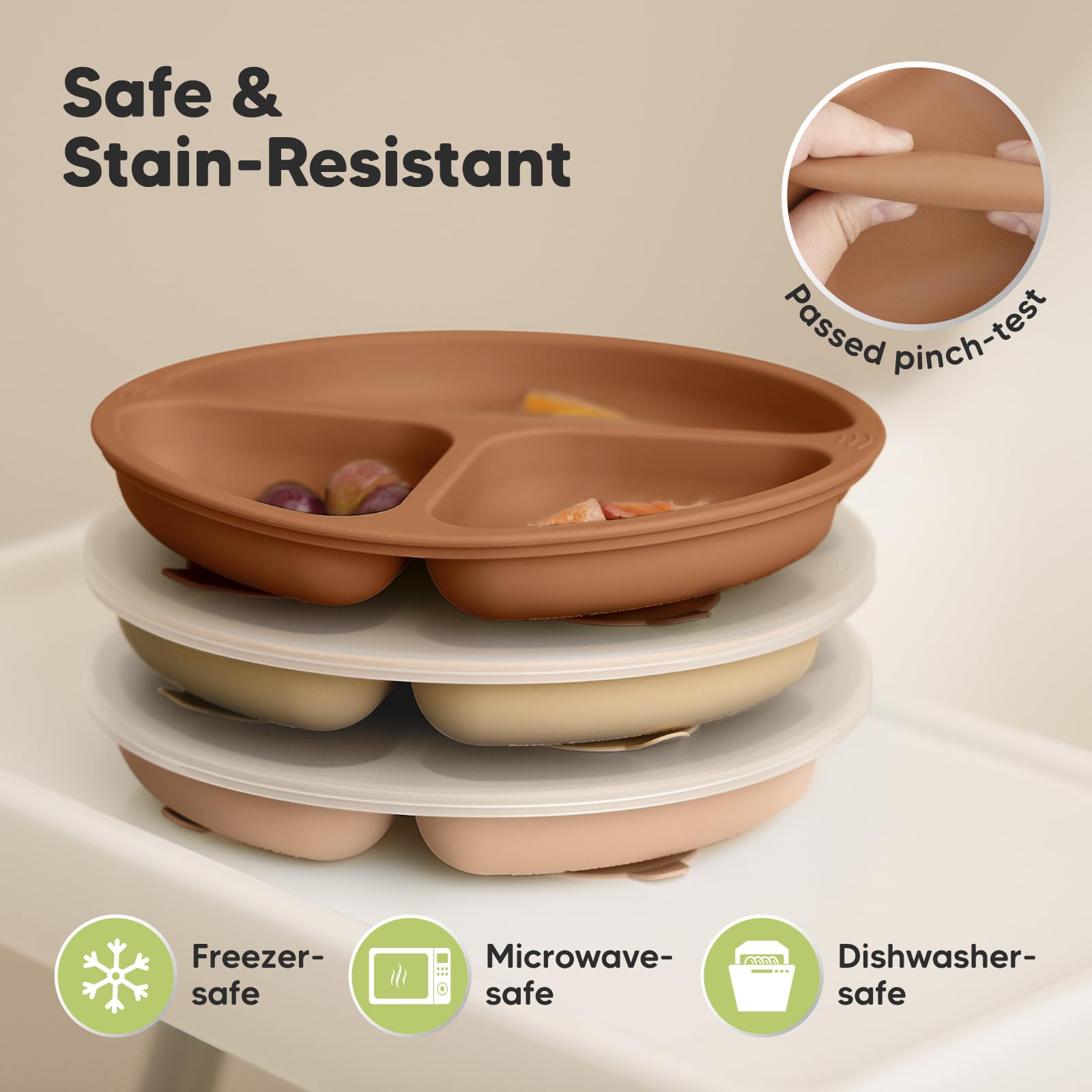 KeaBabies Suction Plates with Lids for Baby, 3pk 100% Silicone (Terracotta)