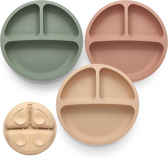 Suction Plates for Baby 3 pack, Stay Put Divided Toddler Plates, 100% Food Grade Silicone Baby Plates, BPA Free, Baby Feeding Supplies, Microwave & Dishwasher Safe