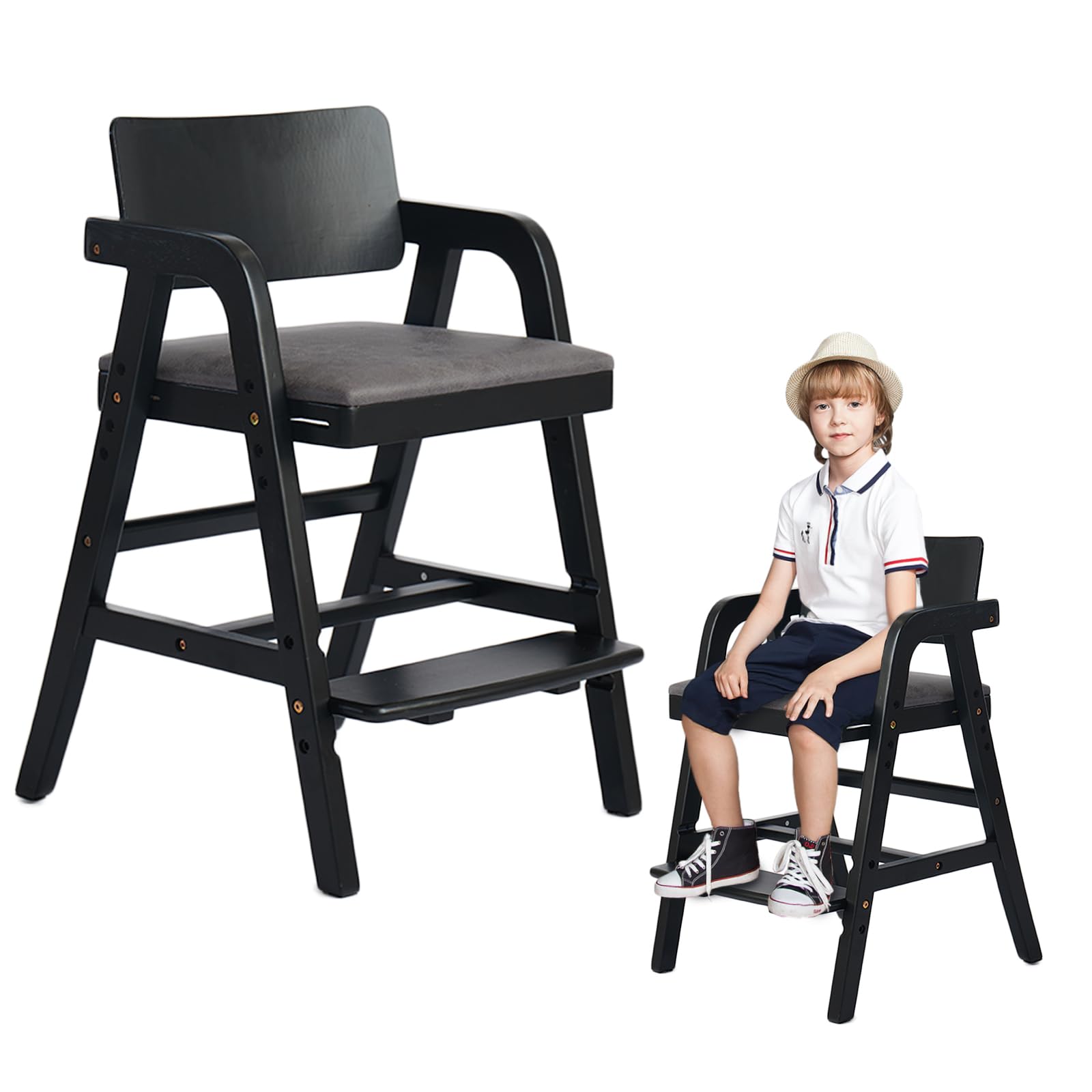 Leesinwing Wooden High Chair for Toddlers, Adjustable Feeding Chair, Black