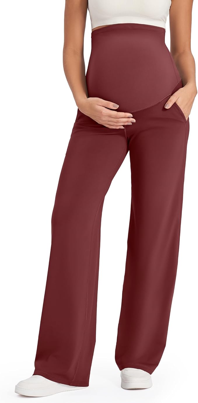 G4Free Maternity Pants with Pockets for Work Yoga,Dark Burgundy,XS,Short