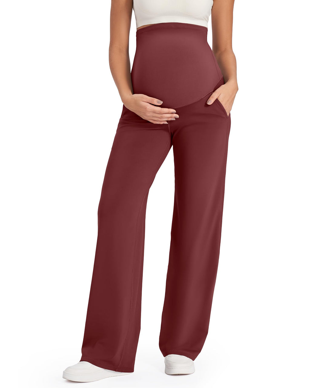 G4Free Maternity Lounge Pants Yoga Wide Leg Stretchy,Dark Burgundy,L,Petite