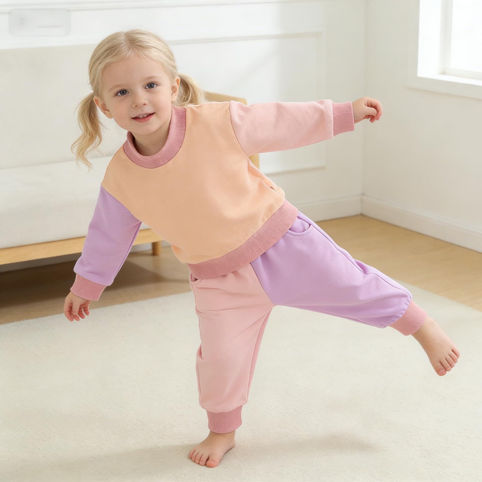 Fernvia Toddler Baby Girl Clothes 3 6 9 12 18 24 Months Fall Outfits Solid Long Sleeve Sweatshirt Tops + Pants Set (C-Purple Pink, 12-18 Months)