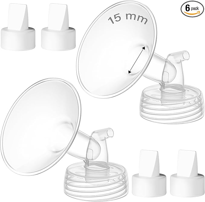 6PCS 15mm Breast Pump Flanges, Duckbill Valves Compatible with Spectra S1/S2/9Plus/Synergy Gold, Motif Luna, Wide-Mouth Bottle Fit, Breast Pump Accessories