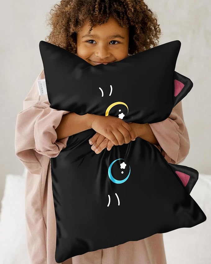 Toddler Pillowcases 13"x18" for Kids - Cute Cartoon Soft Breathable Silk Pillow Cases for Hair and Skin with Hidden Zipper for Girls Fun Kawaii Design for Bedding, Black Cat