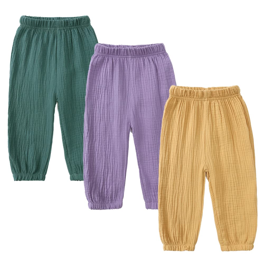 MYGBCPJS Baby Boys Girls 3 Pack Cotton Linen Long Bloomers Ankle Length Trousers Kids Lightweight Elastic Waist Harem Pants