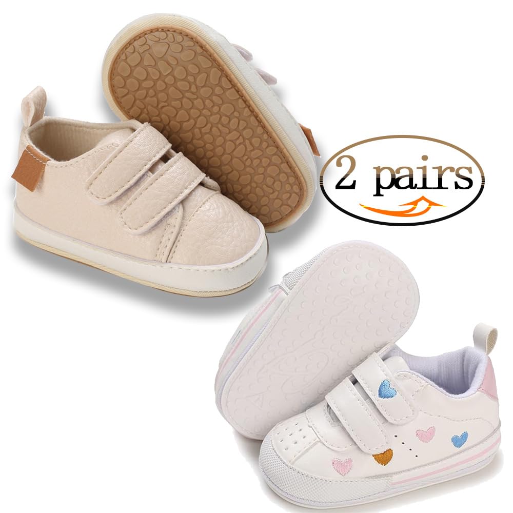 eitwo 2Pairs Baby Shoes,Boys Girls Non-Slip Rubber Sole Sneakers,Unisex Infant Soft Lightweight First Walking Crib Shoes (2Pairs_Heart+Beige,3-6 Months)