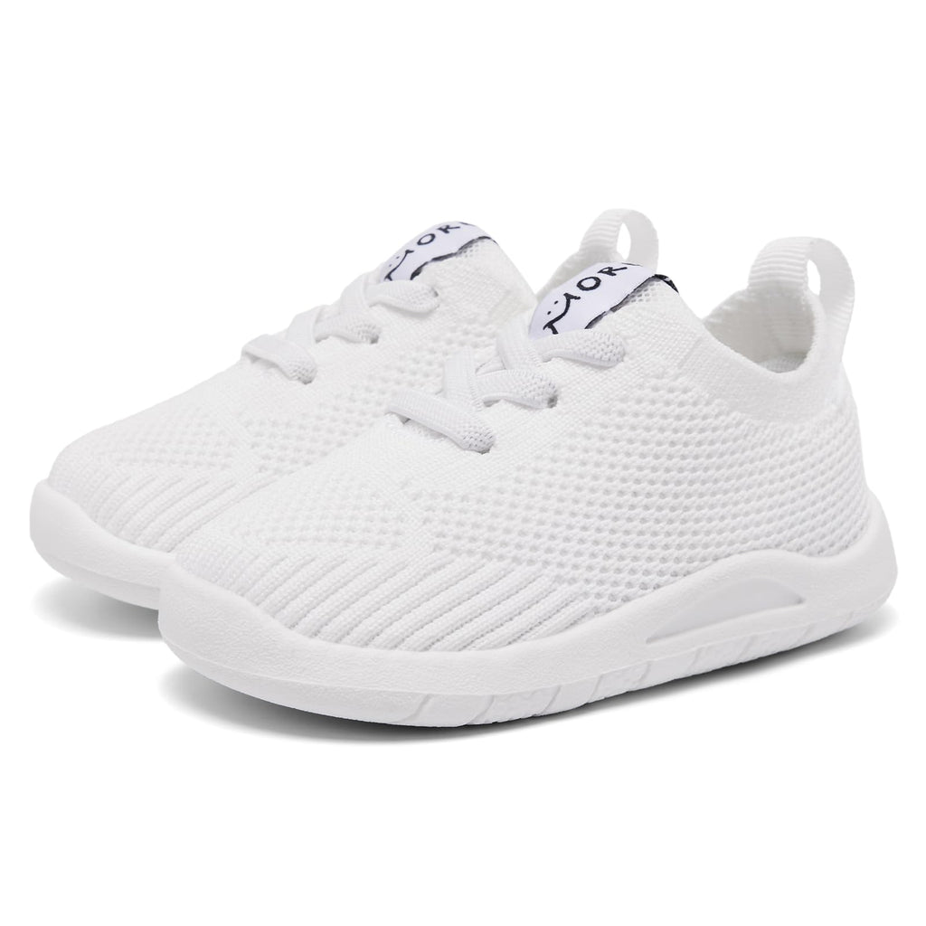 MORENDL Toddler Shoes Baby Walking Sock Shoes Infant Sneakers Boy Girl Barefoot Tennis Shoe Non-Slip Brethable White Size 9