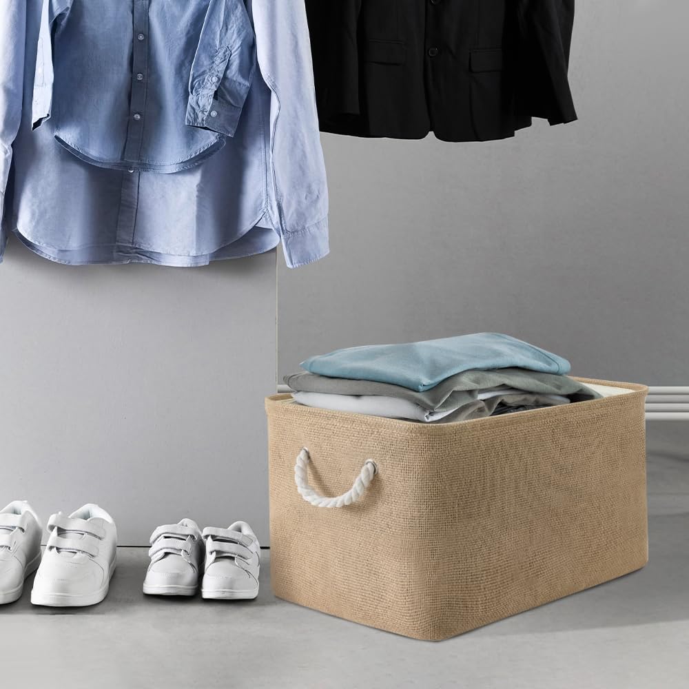 Sacyic Organization and Storage Basket for Organizing - 17X15X12 inch 2 Pack Collapsible Baskets for Shelves, Fabric Storage Cubes with Rope, Storage Box for Cloth Decorative Gift (Beige)