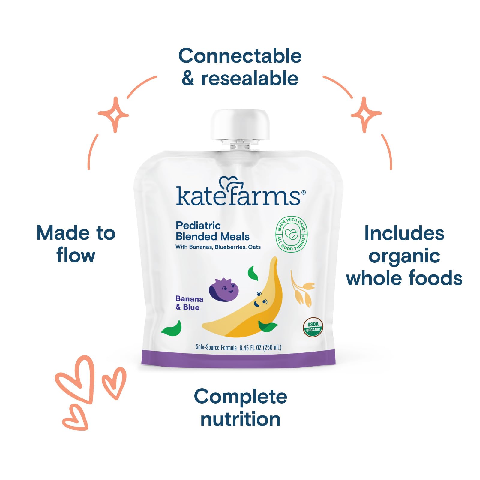 KATE FARMS Organic Pediatric Blended Meal, Bananas and Blueberries, 8g protein, organic whole foods, oral or tube feed nutrition, Gluten Free, Non-GMO, 8.45 oz (12 Pack)