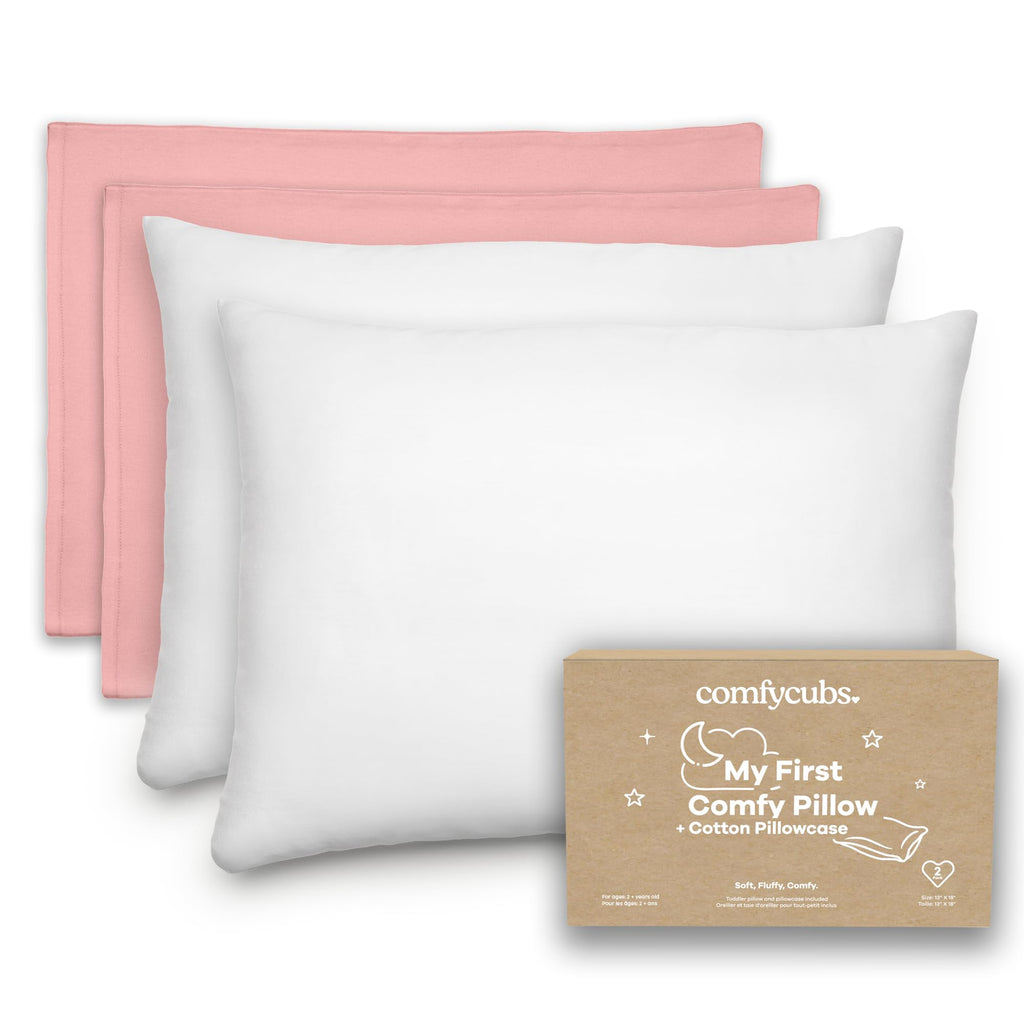 Comfy Cubs Toddler Pillow with Cotton Pillowcase, 13 x 18 in, 2 Pack - Lightweight, Breathable Microfiber Fill for Sleeping and Travel - Soft and Cozy Small Pillow for Toddlers - Blush