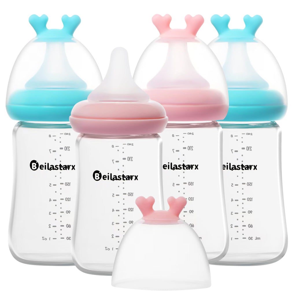 Beilastarx Glass Baby Bottles with Natural Response Nipple Size M - Anti Colic Baby Bottles Wide Neck Slow Flow Baby Bottle(Blue, 8oz (Pack of 2))