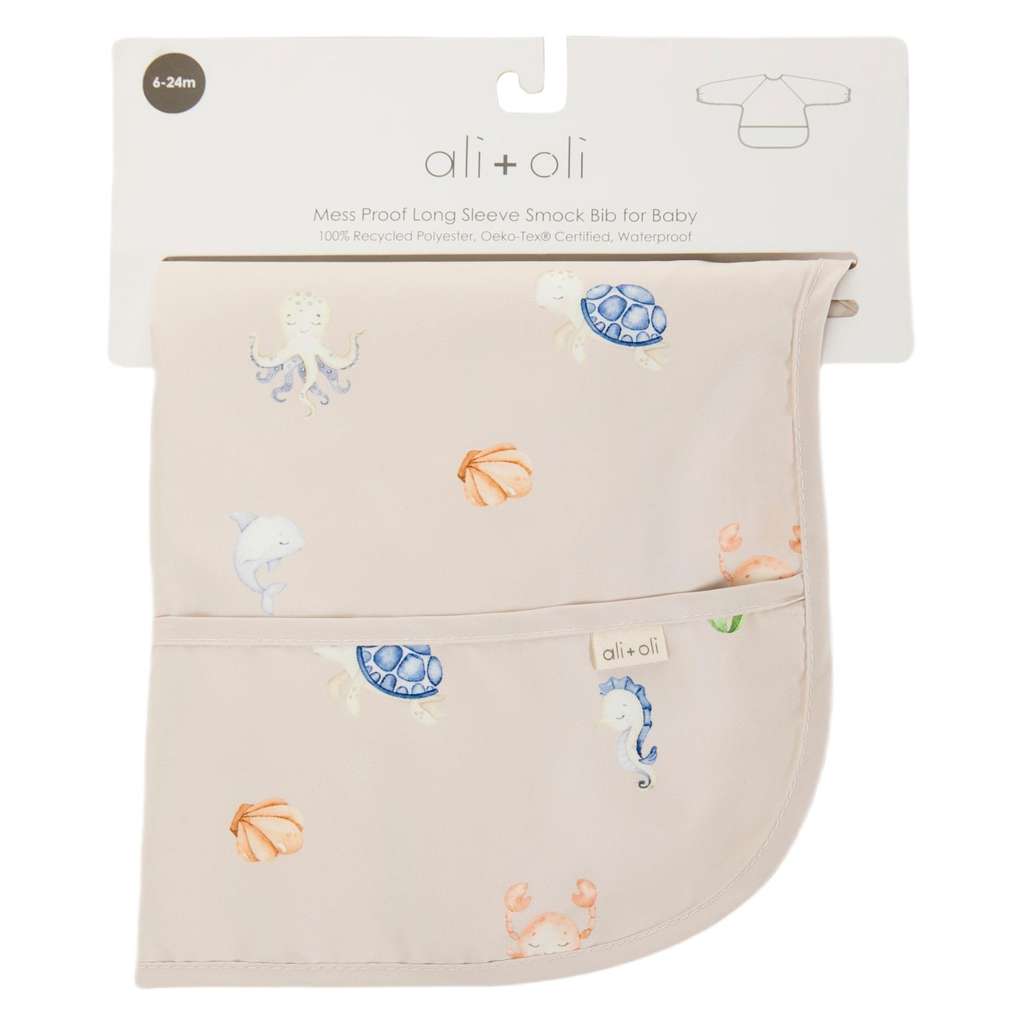 Ali+Oli Smock Bib for Baby (1-pc) Long Sleeve (Undersea) BPA-Free Oeko-Tex Certified, Mess Proof Baby Bib for Eating, Waterproof Baby Smock, Machine Washable, Toddlers Ages 6m+