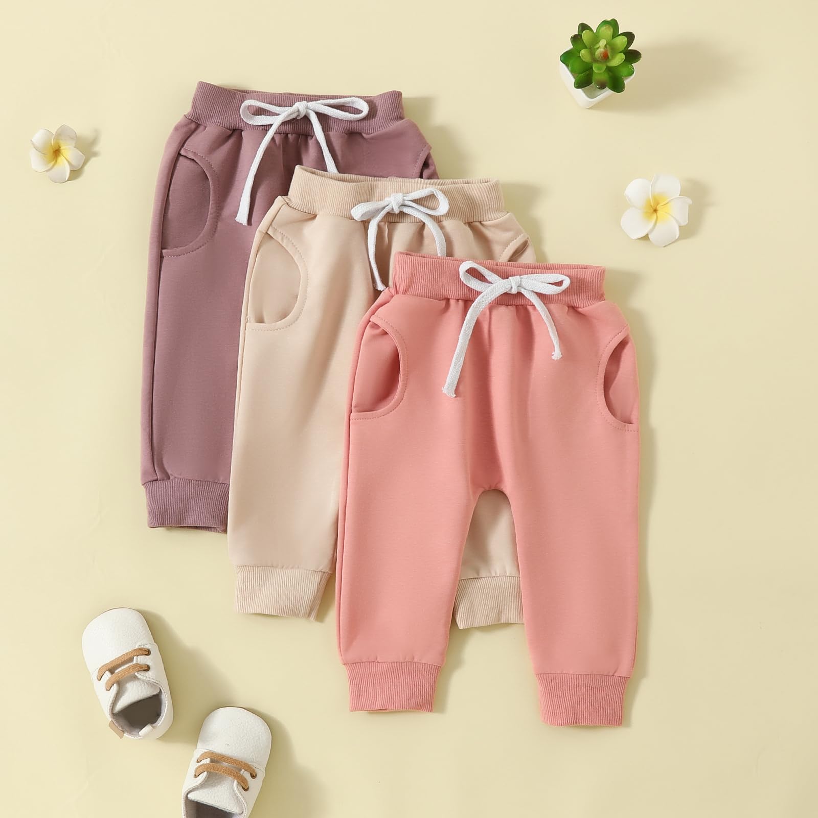 Sejardin Toddler Baby Boy Girl Pants 3 Pack Solid Color Elastic Waist Jogger Sweatpants Newborn Infant Casual Bottoms (Apricot Pink Purple, 18-24 Months)