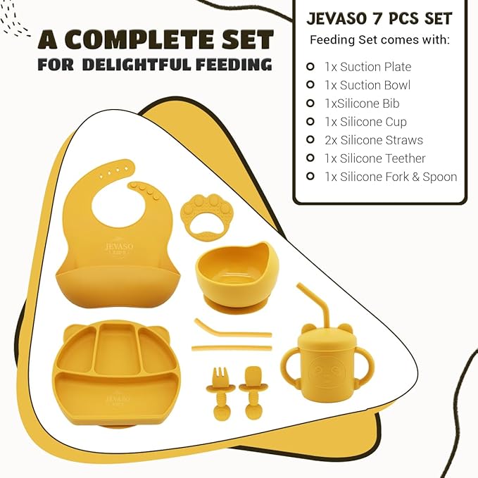 JEVASO Silicone Baby Feeding Set, Baby Led Weaning Supplies, Baby Self Feeding Essentials Suction Bowl Divided Plate Baby Bibs Spoons Forks Sippy Cup Teether, Toddler Eating Utensils for 6+ Months