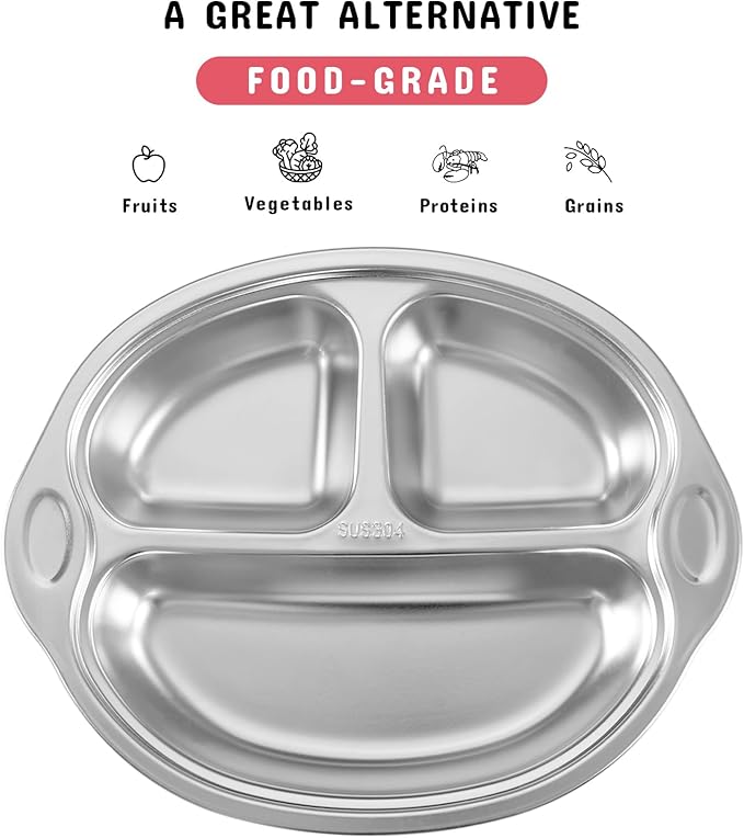 Stainless Steel Baby Suction Plates: Divided Plates for Babies and Toddlers, Made of 100% Food-Grade Materials Ideal for Baby-Led Weaning BPA-Free Toddler Feeding Dishwasher Safe PINK