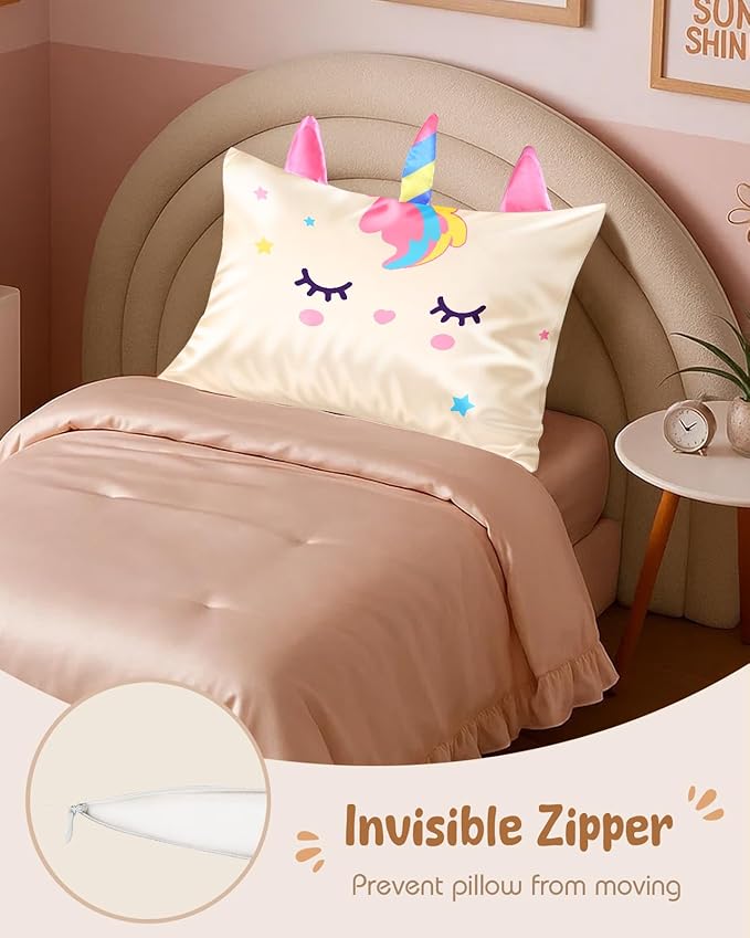 Toddler Pillowcases 13"x18" for Kids - Cute Cartoon Soft Breathable Silk Pillow Cases for Hair and Skin with Hidden Zipper for Girls Fun Kawaii Design for Bedding, White Unicorn