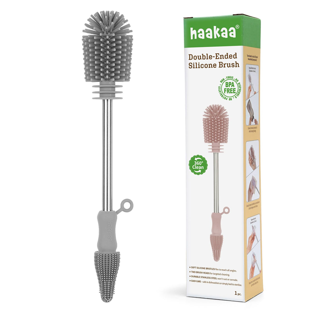 haakaa Silicone Cleaning Brush Kit - SUVA Grey - Bottle Brush for Breast Pumps, Breast Milk Collector, Baby Bottles, Nipples, Breastmilk Storage Bags