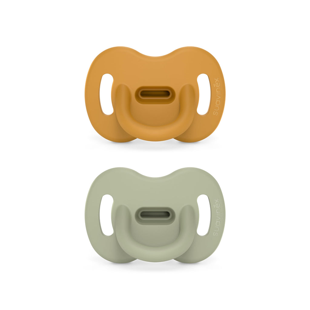 Color Essence SX PRO Silicone Baby Pacifier 2Pk, Made with 100% Soft Silicone, Baby Essentials Perfect for Breastfeeding Babies, Designed in Spain, 6-18 Mths, Mustard/Green