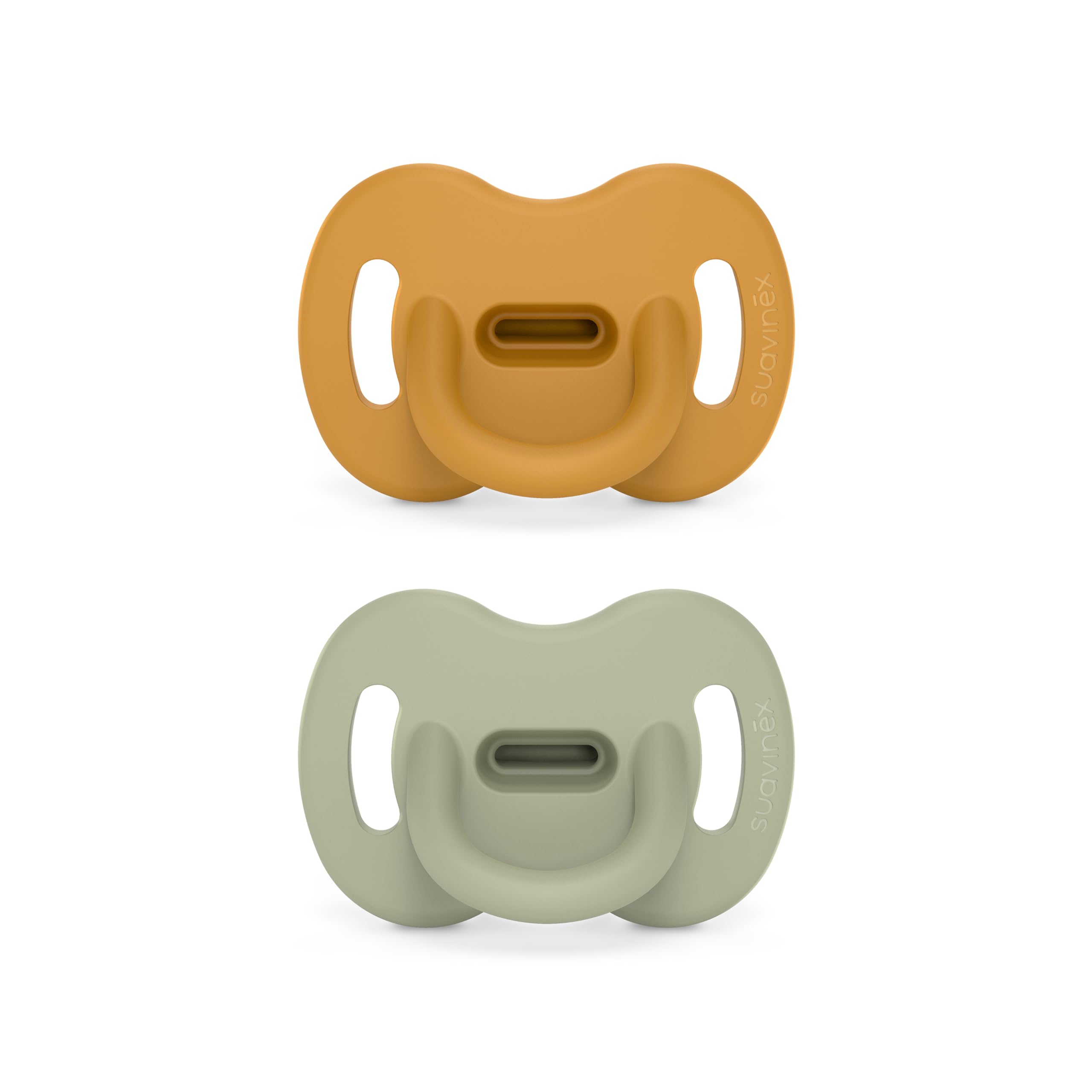 Color Essence SX PRO Silicone Baby Pacifier 2Pk, Made with 100% Soft Silicone, Baby Essentials Perfect for Breastfeeding Babies, Designed in Spain, 6-18 Mths, Mustard/Green