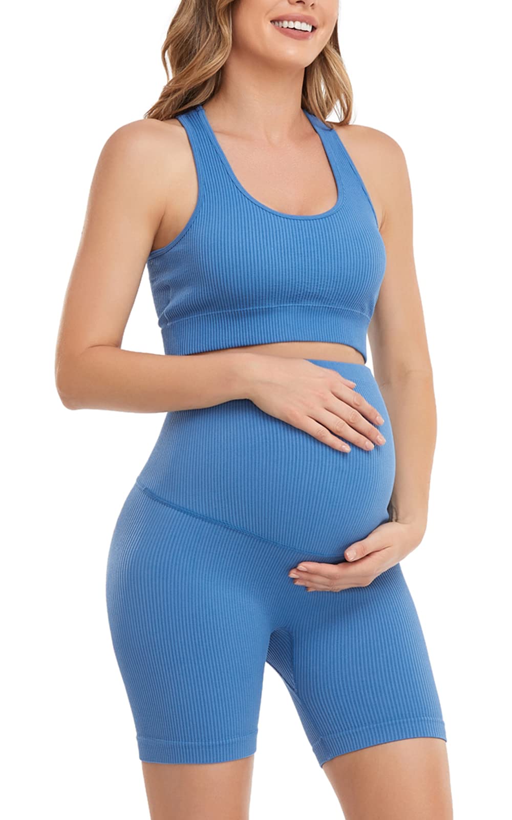 Lataly Women's Maternity 2 Piece Outfit Set - Bra & Shorts for Pregnancy - Yoga workout Lounge Wear Sets