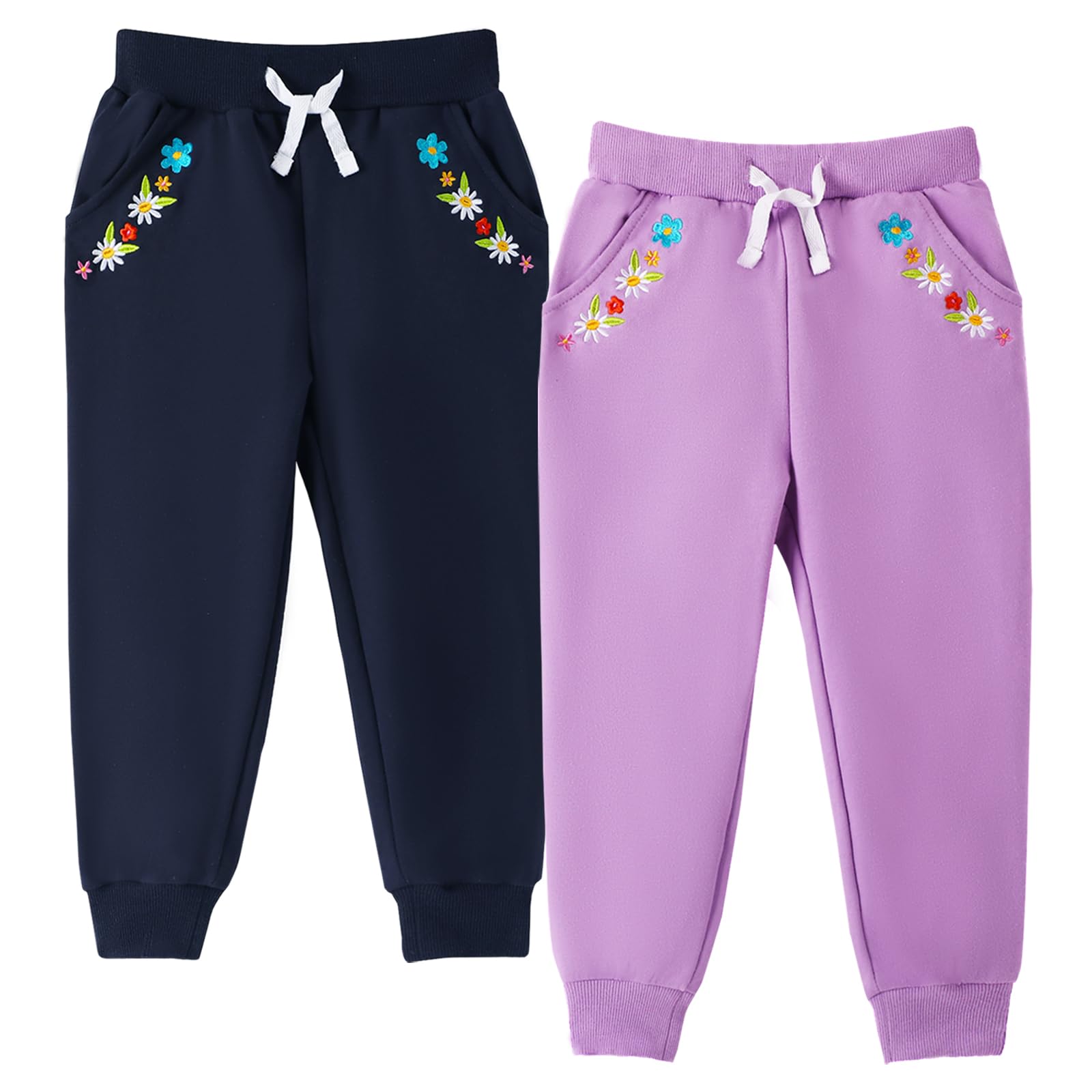 HILEELANG Toddler Girls Cotton Joggers Sweatpants Floral Embroidery Drawstring Waist and Pockets-Purple Navy Blue Casual Athletic Pants for Kids 2Y