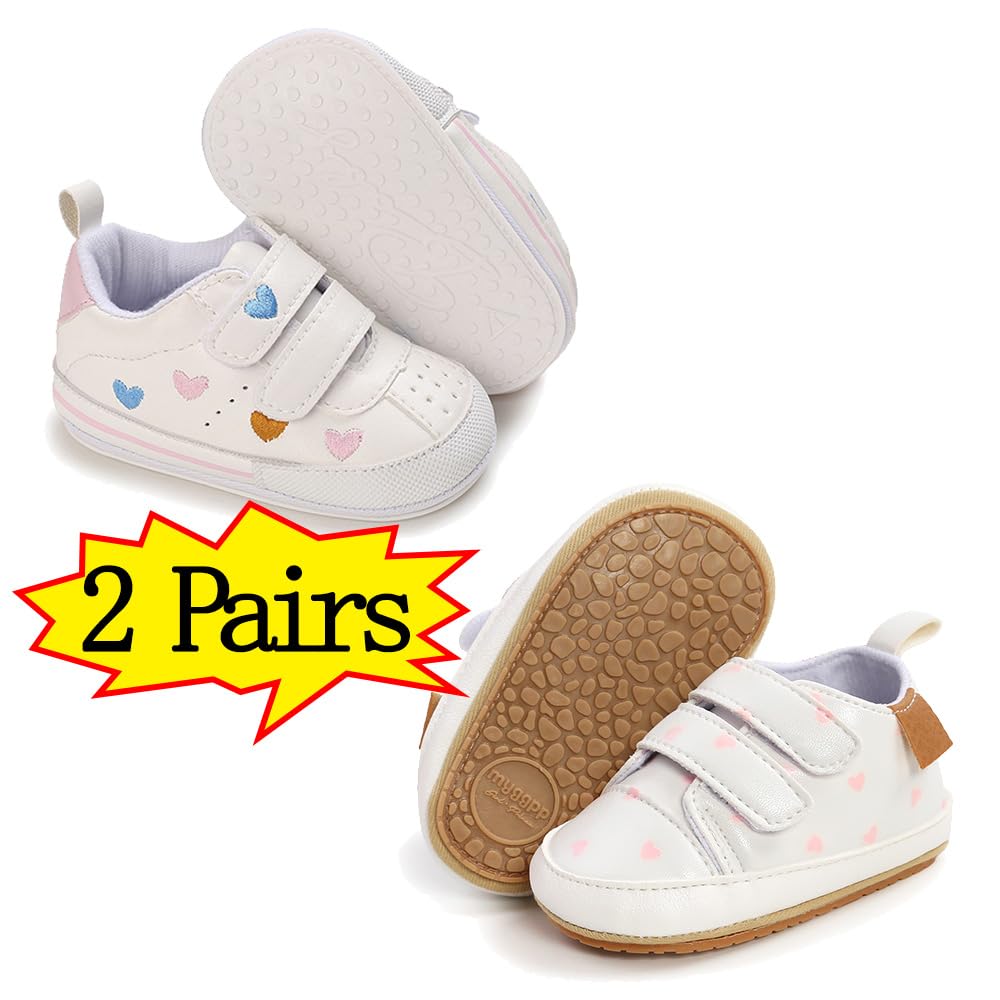 Clowora Baby Boys Girls Shoes Non-Slip Rubber Sole Sneakers Infant First Walking Toddler Crib Shoes Newborn Loafers Flats. (11/2 Pairs_Multi Color+White Heart,0-6 Months)