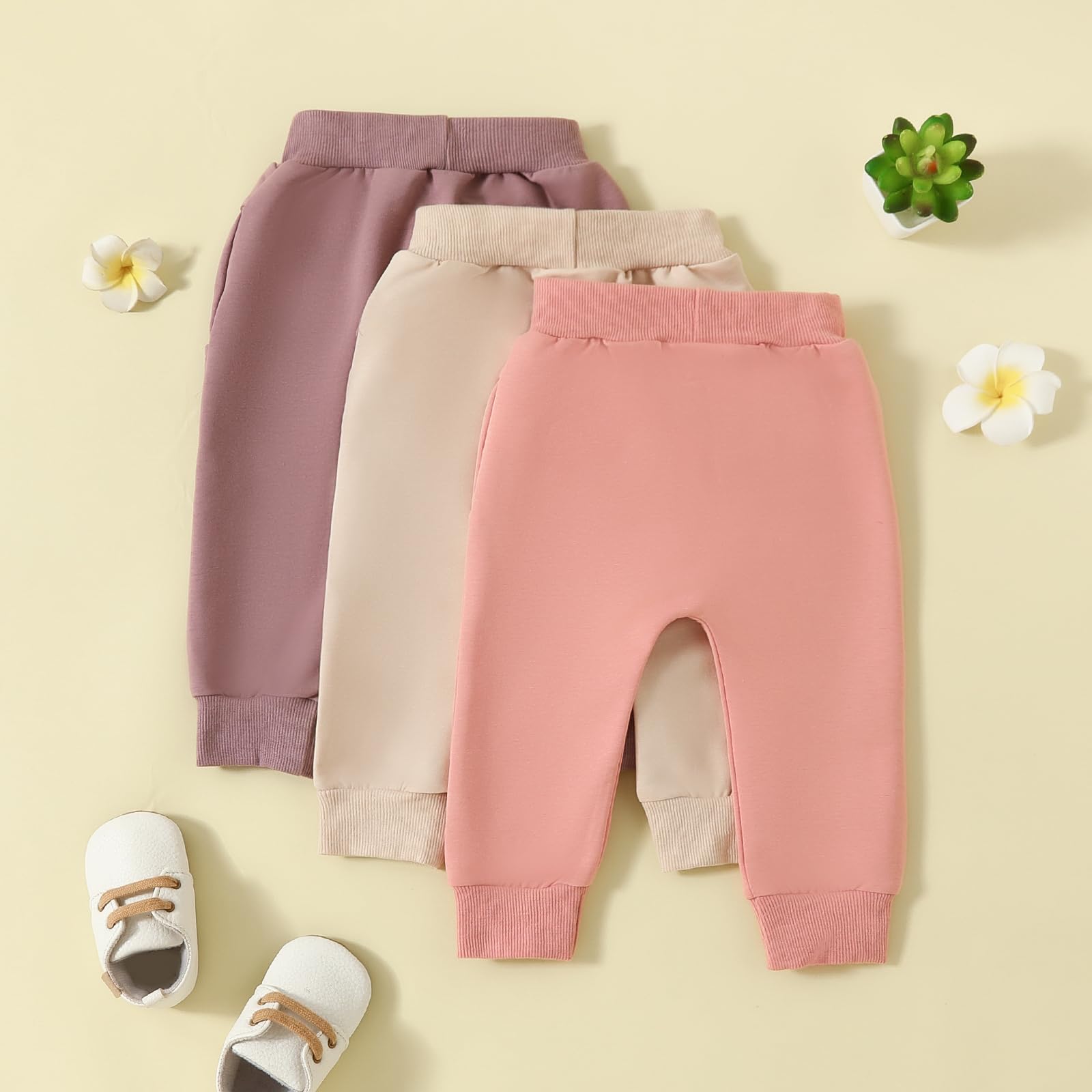 Sejardin Toddler Baby Boy Girl Pants 3 Pack Solid Color Elastic Waist Jogger Sweatpants Newborn Infant Casual Bottoms (Apricot Pink Purple, 18-24 Months)