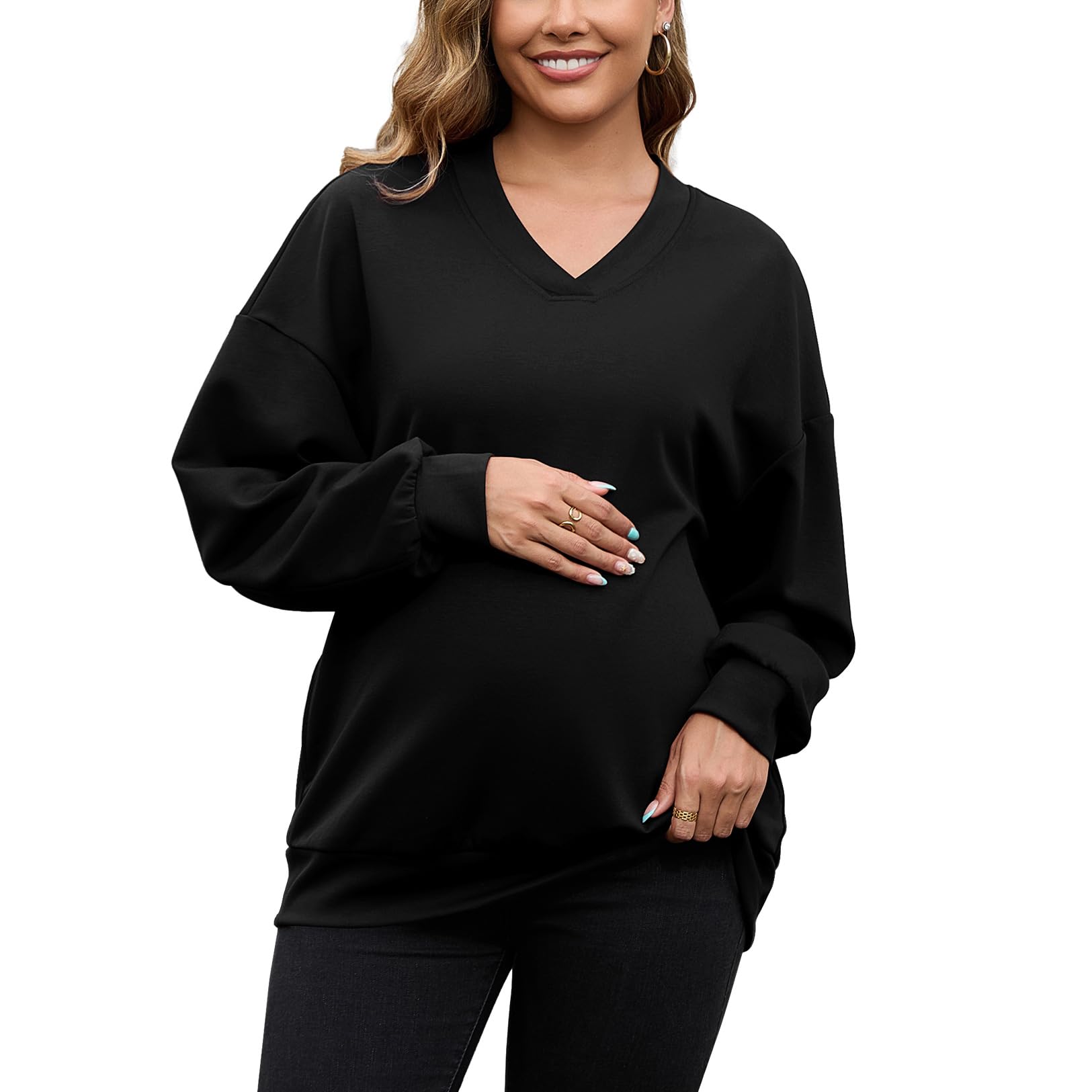 GINKANA Women's Maternity Shirts Long Sleeve Sweatshirt V Neck Pregnancy Pullover Tops Loose Fit Tunic Clothes Black,S