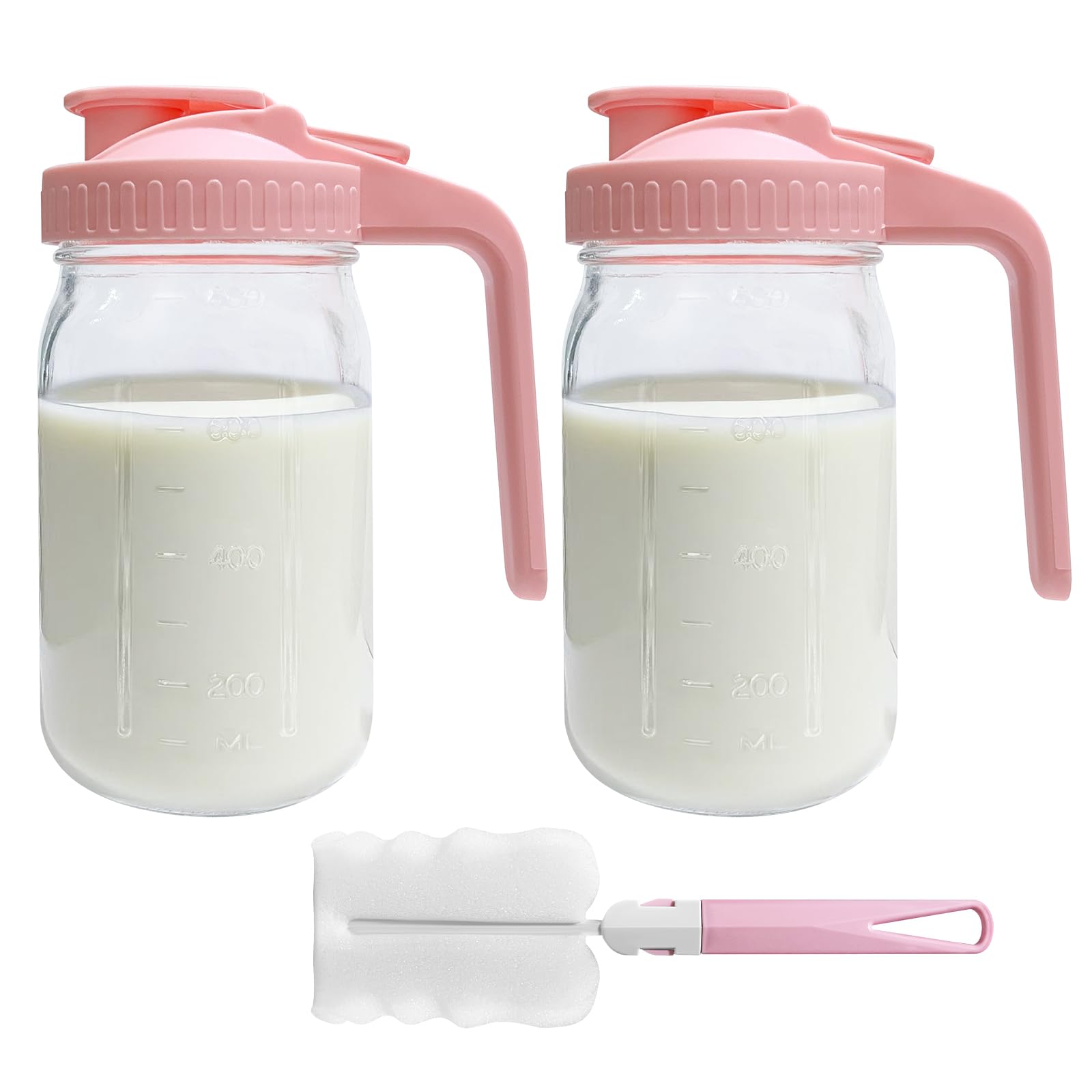 2 PACK Breast Milk Pitcher 32OZ Glass Breastmilk Pitcher with Lids(Pink)
