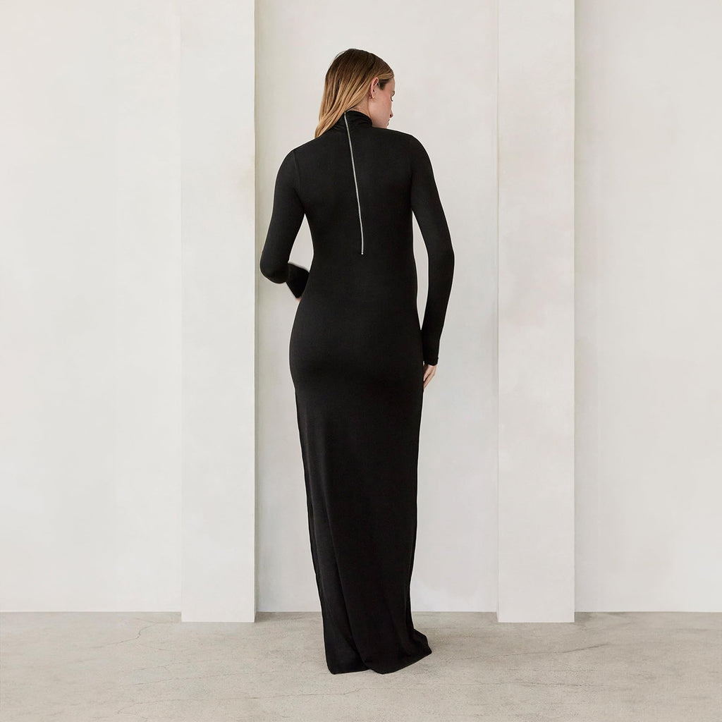 BUMPSUIT Maternity Maxi Dress Thigh High Slit, Women Long Sleeve Soft Stretchable Fabric Turtleneck Bodycon Pregnancy Dress with Back Zipper for Baby Shower Black