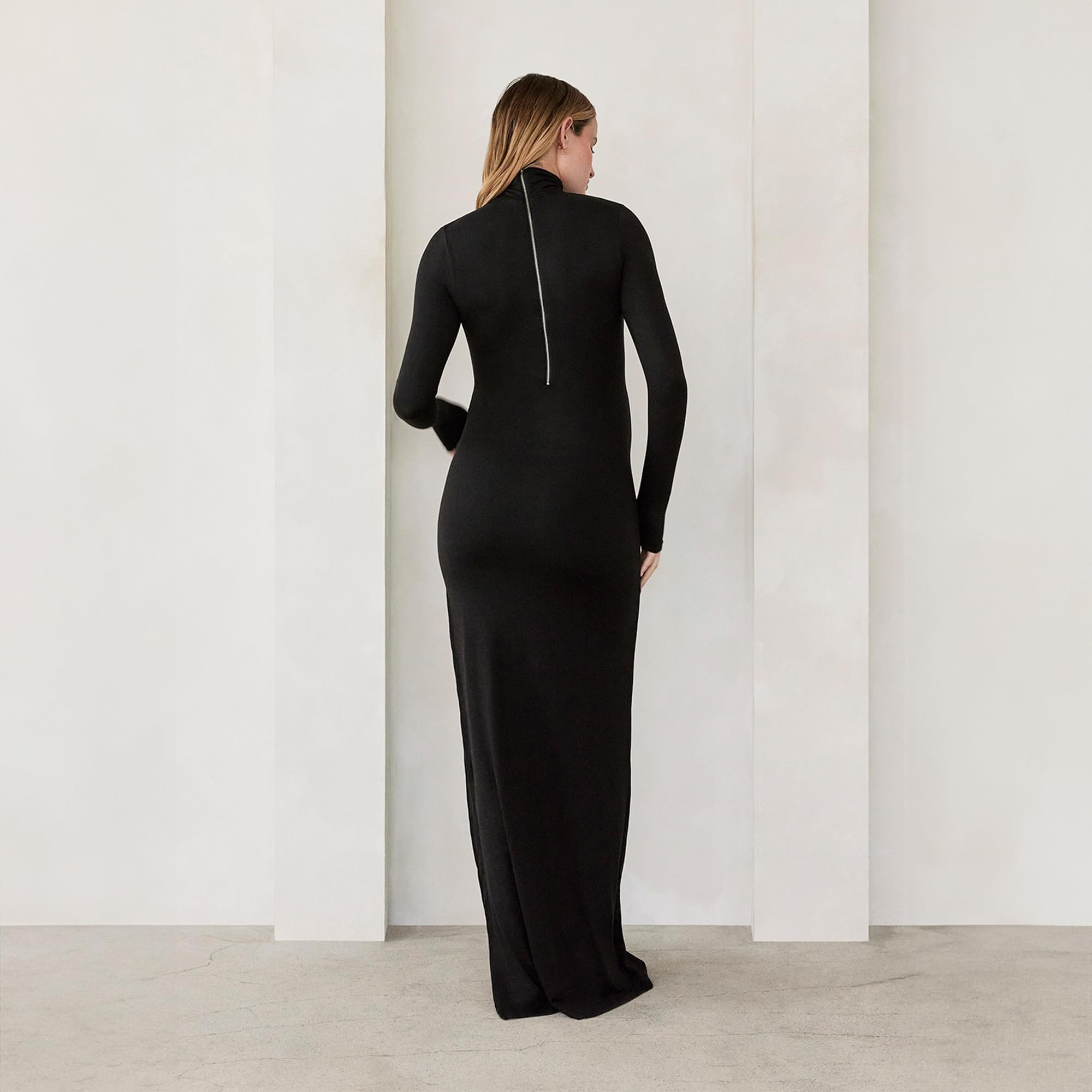 BUMPSUIT Maternity Maxi Dress Thigh High Slit, Women Long Sleeve Soft Stretchable Fabric Turtleneck Bodycon Pregnancy Dress with Back Zipper for Baby Shower Black