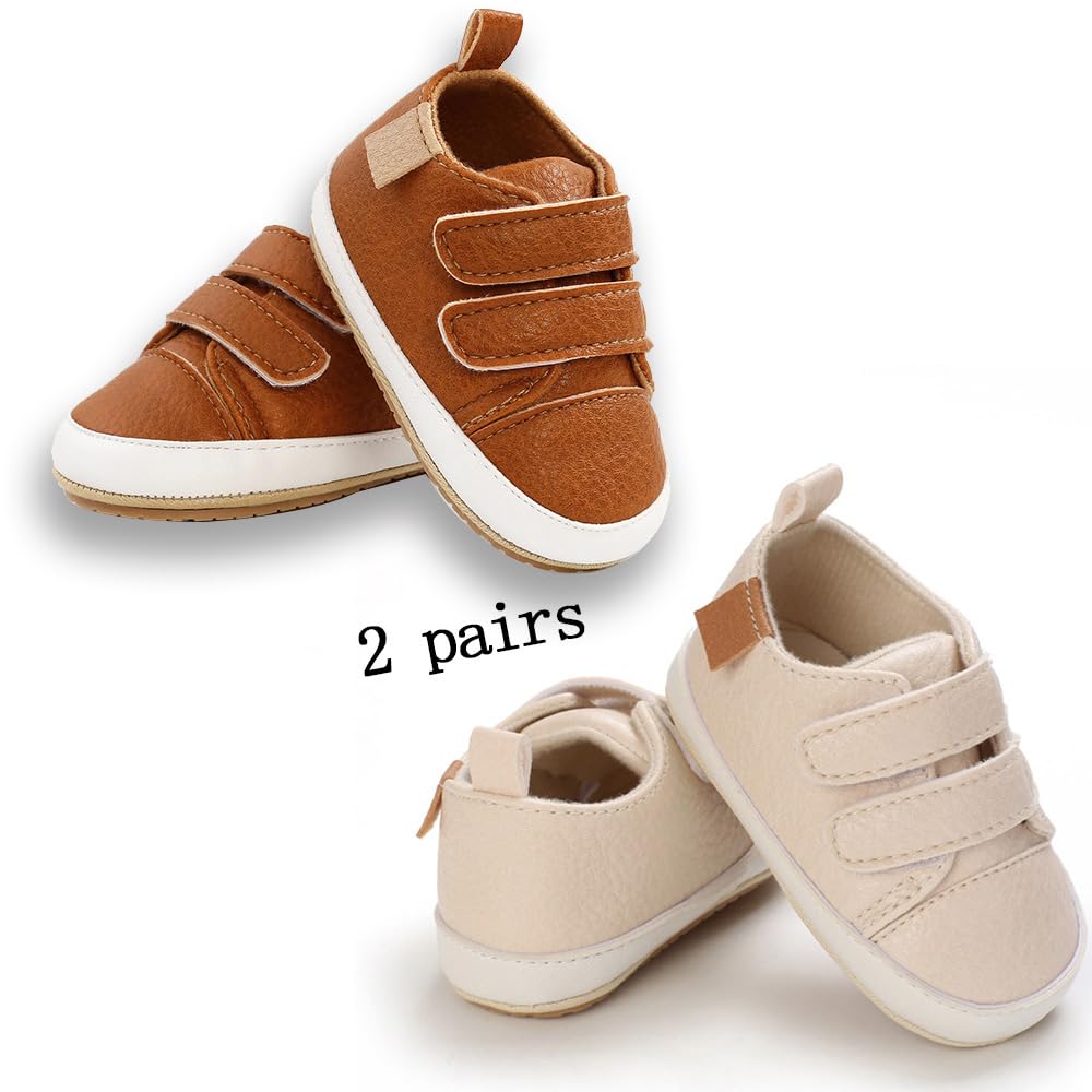 eitwo 2Pairs Baby Shoes,Boys Girls Non-Slip Rubber Sole Sneakers,Unisex Infant Soft Lightweight First Walking Crib Shoes (2Pairs_Brown+Beige,6-12 Months)