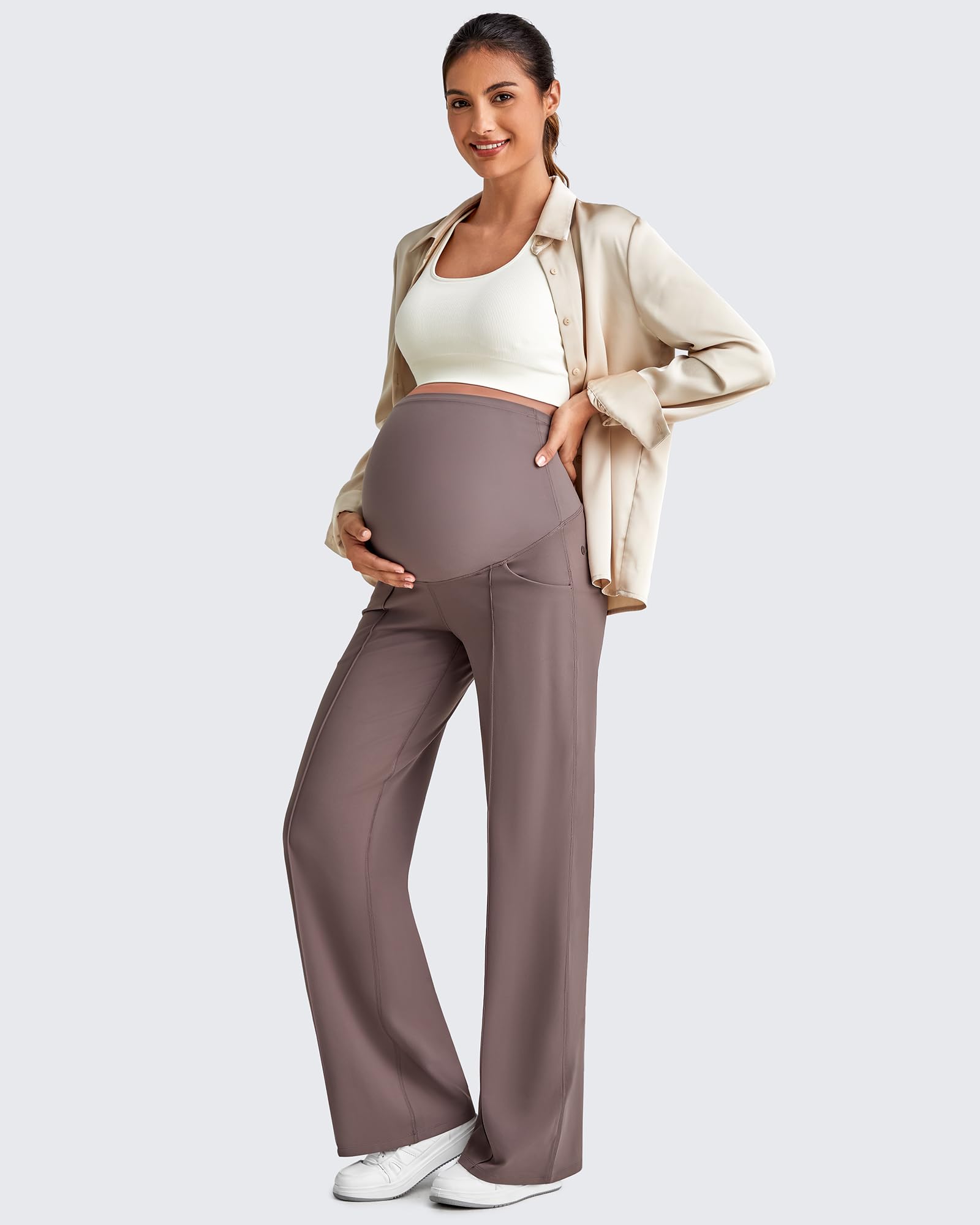G4Free Maternity Pants with Pockets Pregnancy Clothes,Taupe,XXL,Tall