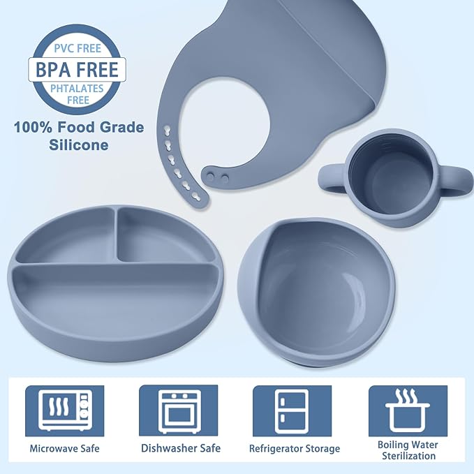 LITTLE RAWR Silicone Baby Feeding Set 14 Pcs,Baby Led Weaning Supplies, Baby Spoons Suction Bowl Divided Plate Bib Cup Finger Brush,First Stage Solid Food Eating Utensils - 6+ Months(Blue Gray)